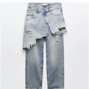 Zara Light Blue Distressed Straight Jeans with skirt overlay.